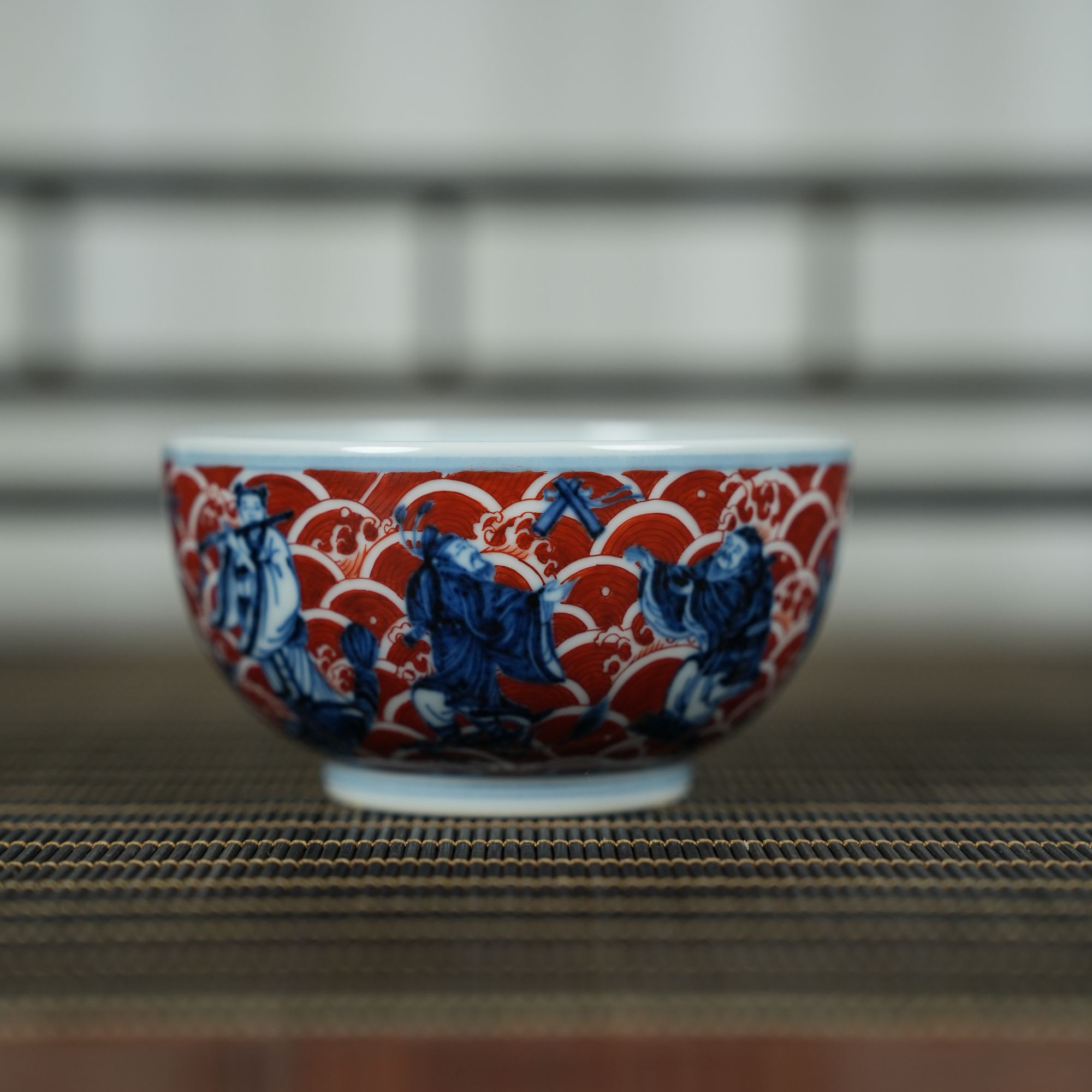 【墨舍名窑】快雪时晴青花矾红八仙拱寿罗汉杯（kxsq312）