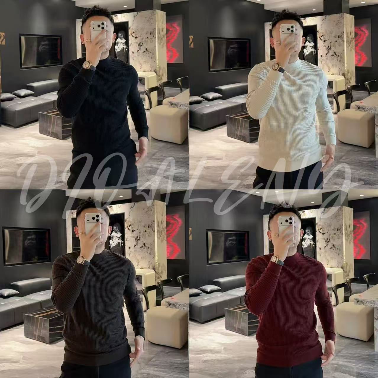 【帅老板】88719冬季轻奢男士莱赛尔绵羊毛混纺打底蜂窝长袖