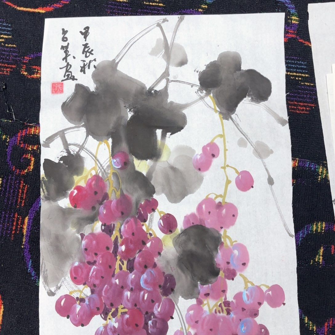 国画刘占英四尺三开花鸟朱