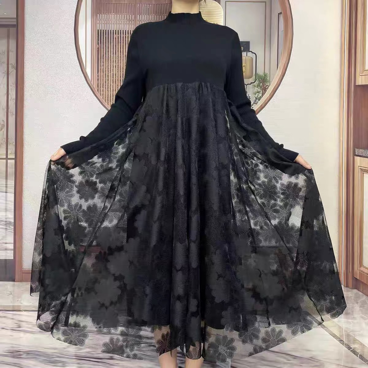 新款蕾丝拼接时尚显瘦女大码气质中长款百搭洋气打底裙连衣裙