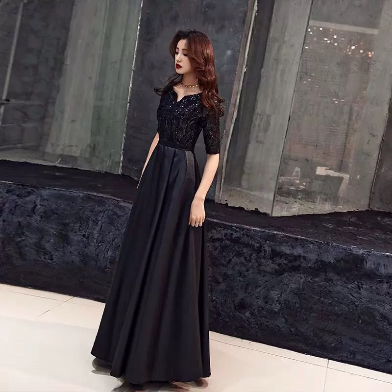 直播链接断码特价晚礼服亮片宴会优雅黑色聚会长款修身年会主持人