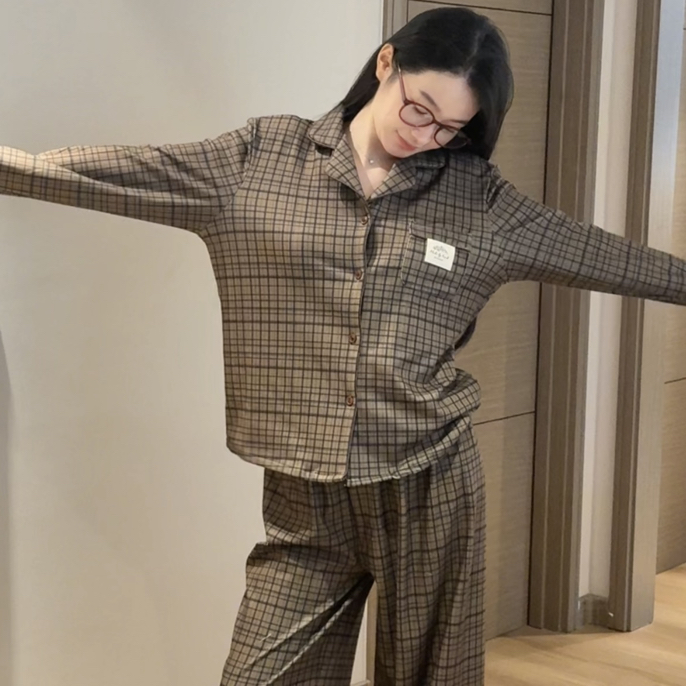 〈复古棕格〉秋冬季复古老钱风磨毛加厚可外穿高级感家居服套装