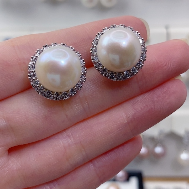 淡水珍珠银S925镶嵌耳饰12+A