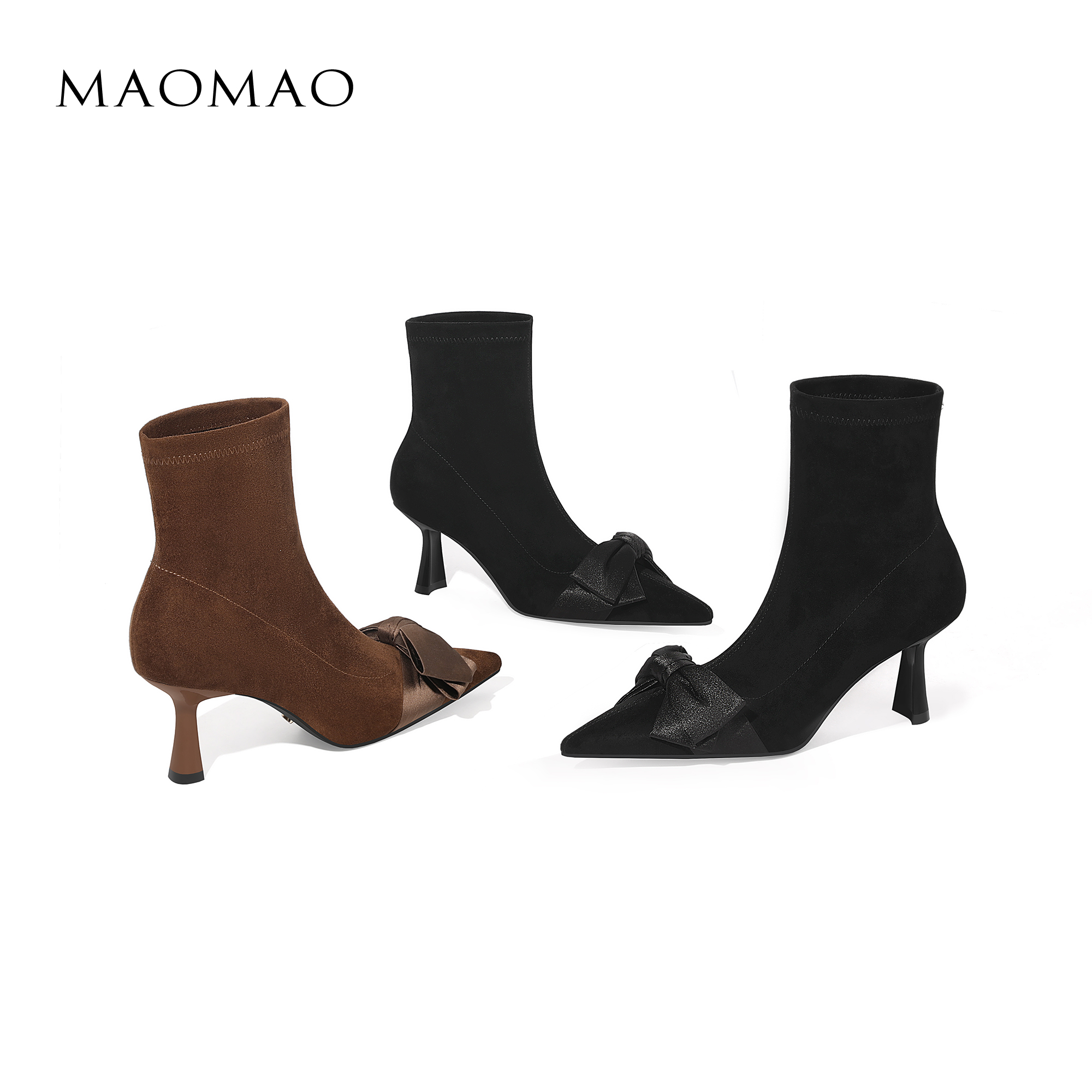 【跟高7cm】2025年秋冬新款蝴蝶结细跟高跟套筒简约时尚气质百搭女