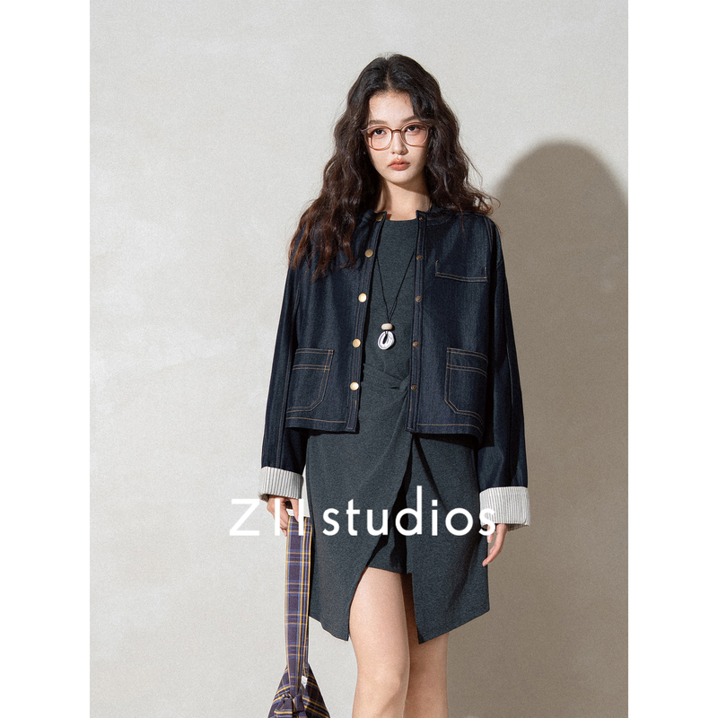 Z11美式复古牛仔外套女2025年秋季新款宽松显瘦翻领做旧夹克上衣