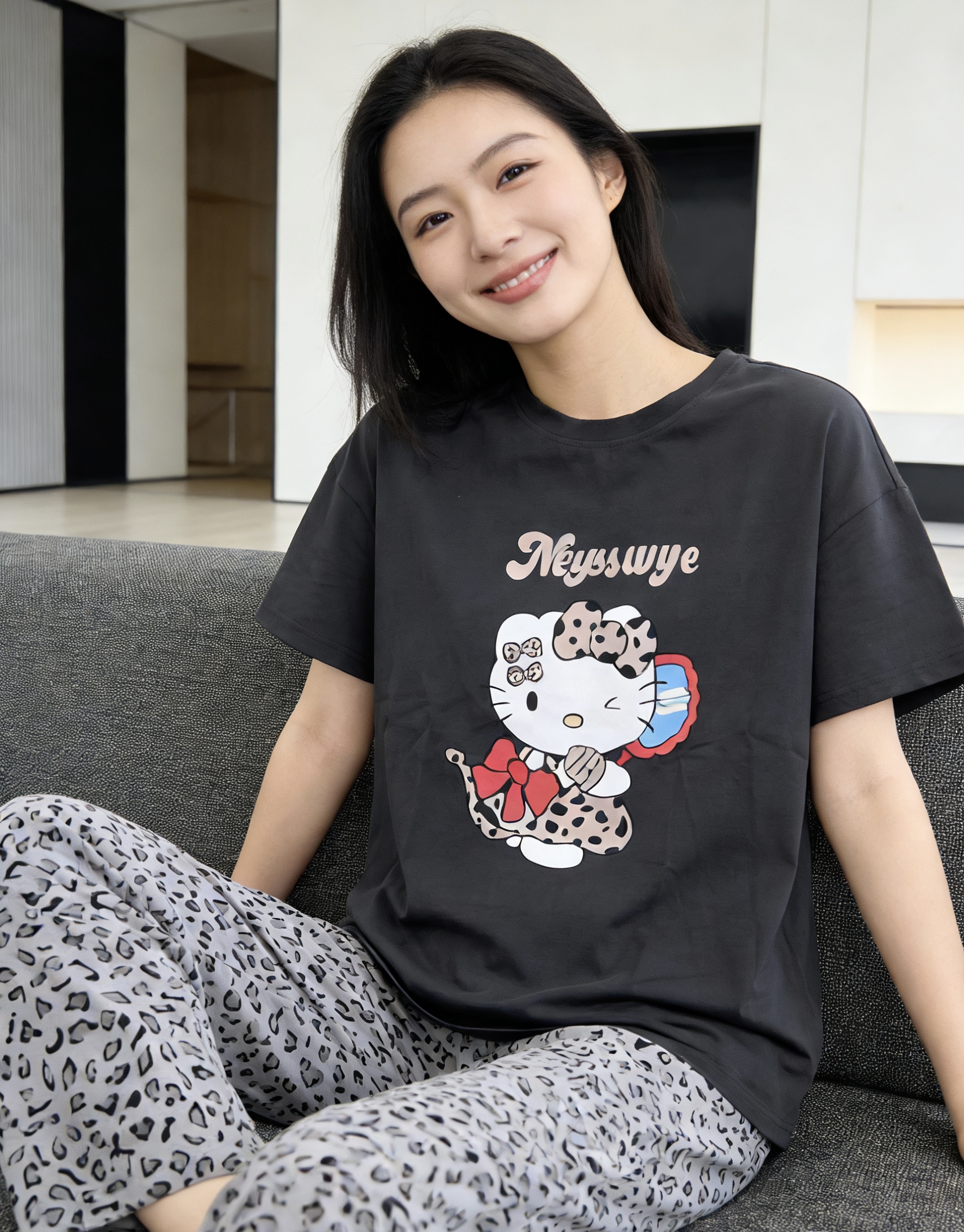 爽棉睡衣女春夏短袖长裤豹纹大码印花舒适休闲宽松可外穿圆领套装