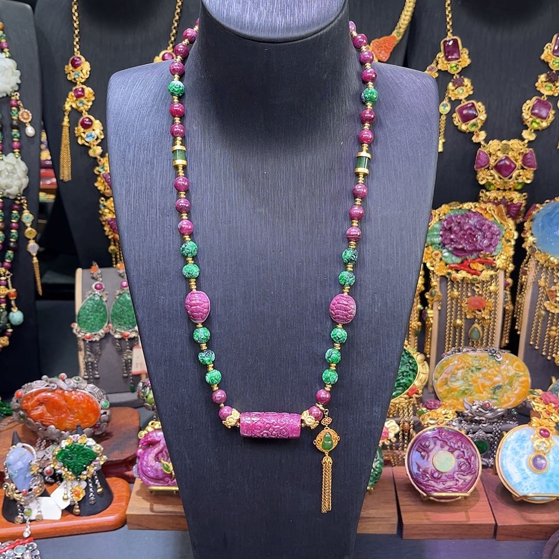 银S925镀金镶嵌项链红宝石翡翠多宝项链