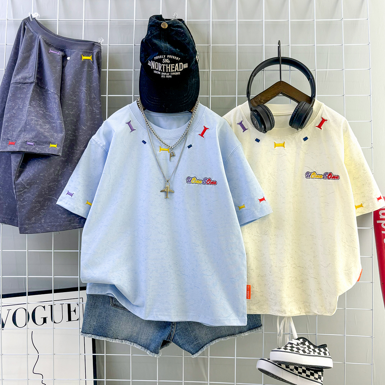 男童百搭夏季砂洗刺绣短袖T恤亲子款儿童半袖宽松休闲宽松版体恤