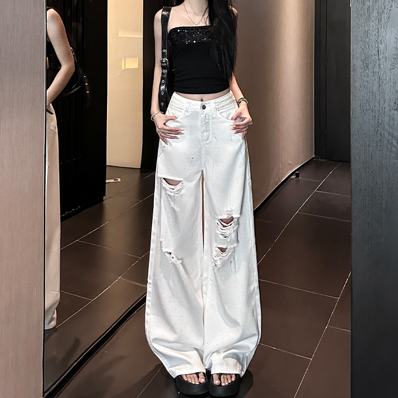 天丝闪钻白色破洞阔腿牛仔裤女2025新款夏季薄款宽松小个子直筒裤