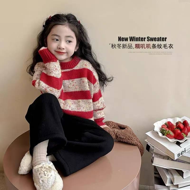 冬季公主风洋气针织衫条纹花纱上衣宝宝休闲风宽松女童秋冬毛衣