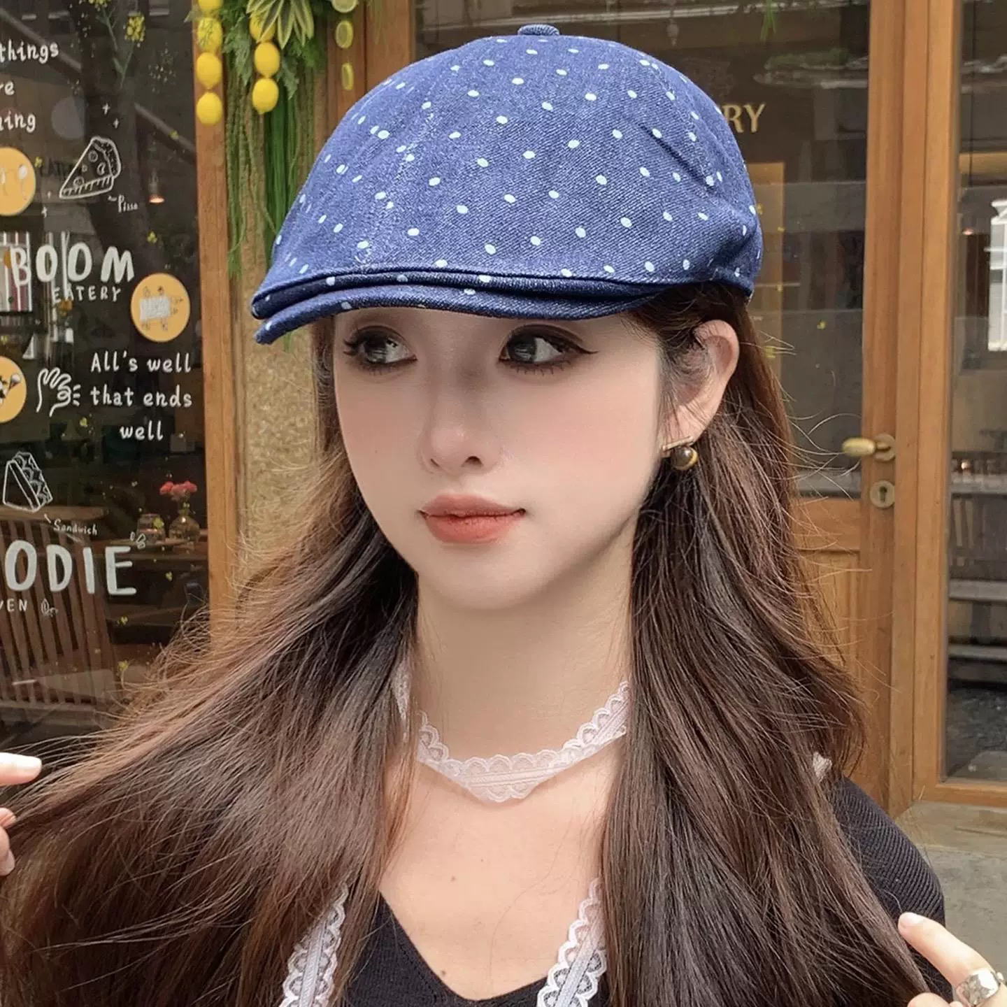 韩版小众设计波点牛仔前进帽子女春秋季时尚休闲百搭显脸小报童帽