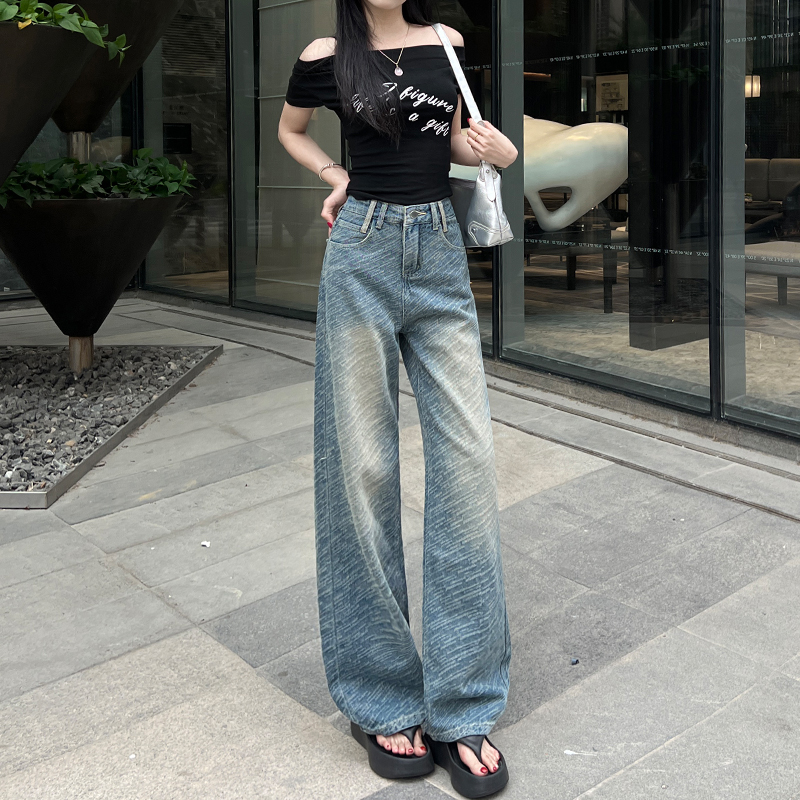 复古蓝阔腿牛仔裤女长裤新款小个子时尚高腰宽松显瘦直筒拖地裤子