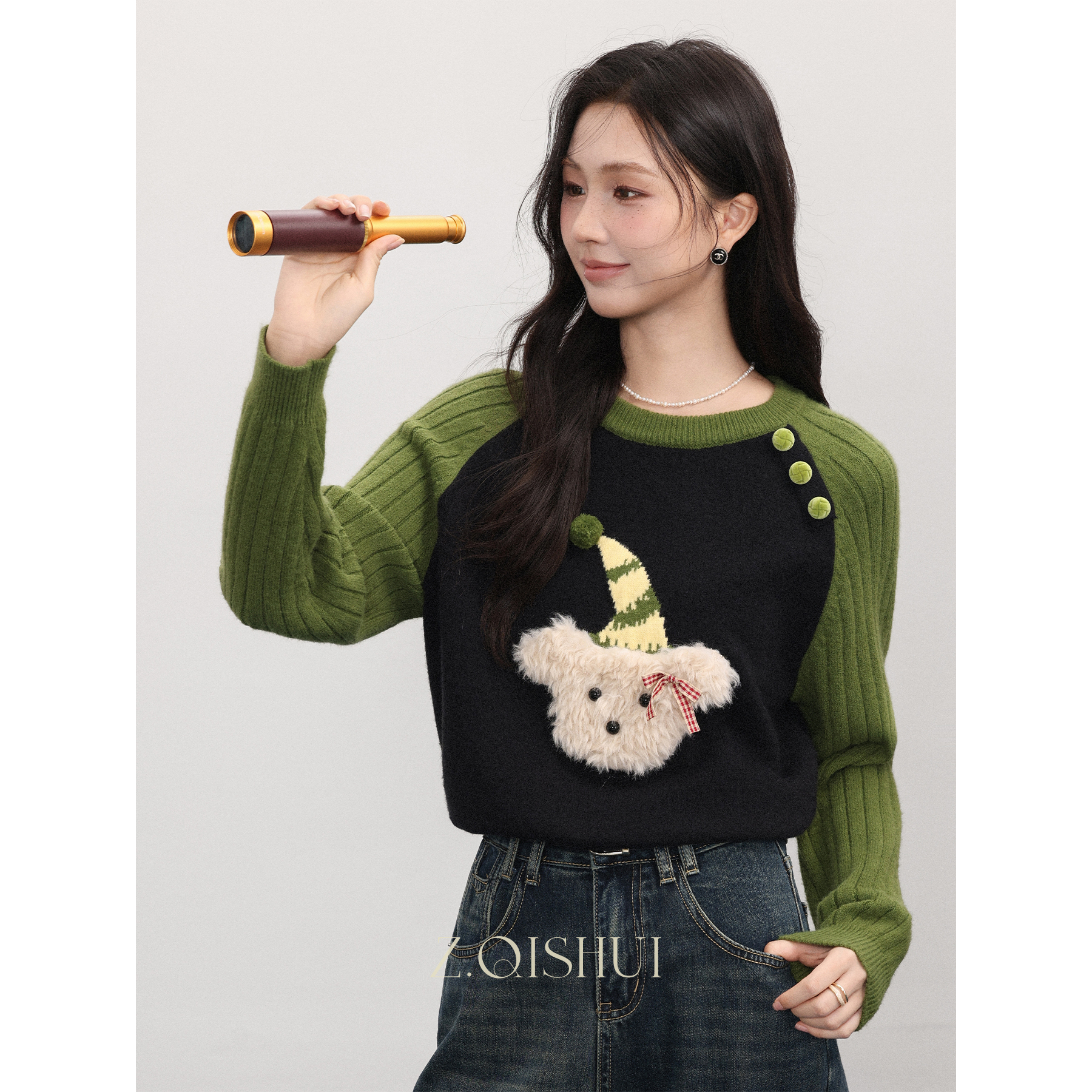 【大码】5096绿色慵懒套头宽松毛衣女外穿好看针织上衣