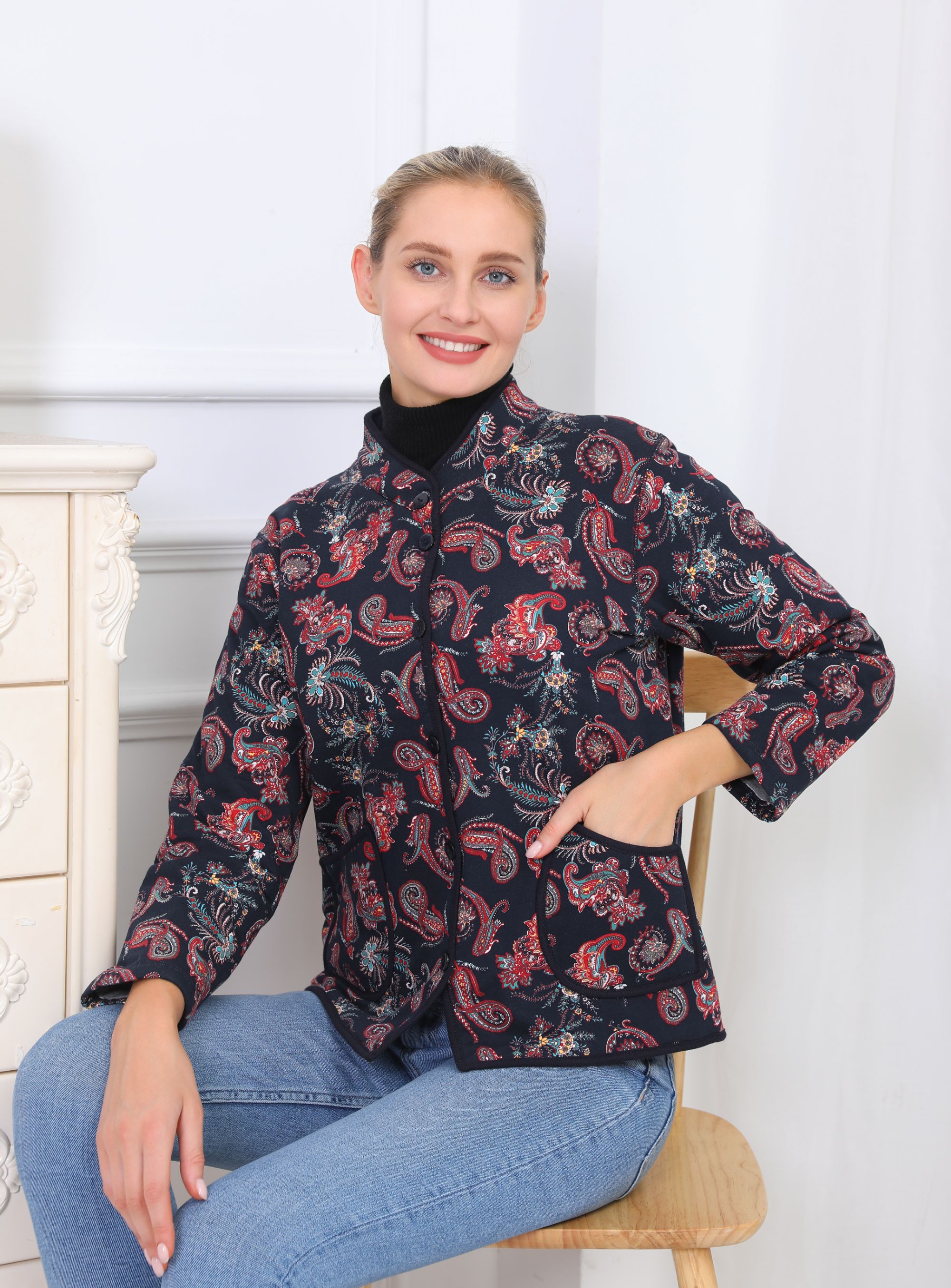 纯蚕丝棉印花保暖开衫敞口宽松中老年棉服民族风妈妈装