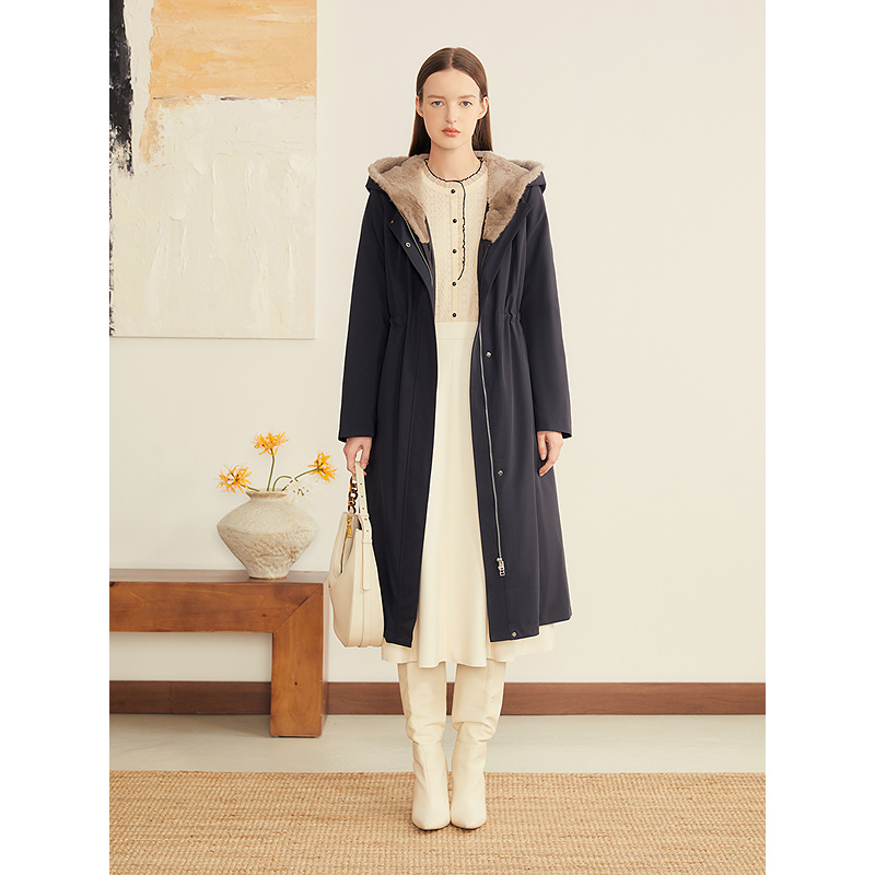YINER音儿专选2025冬季新款8C65508001水貂帽檐中长款连帽尼克服