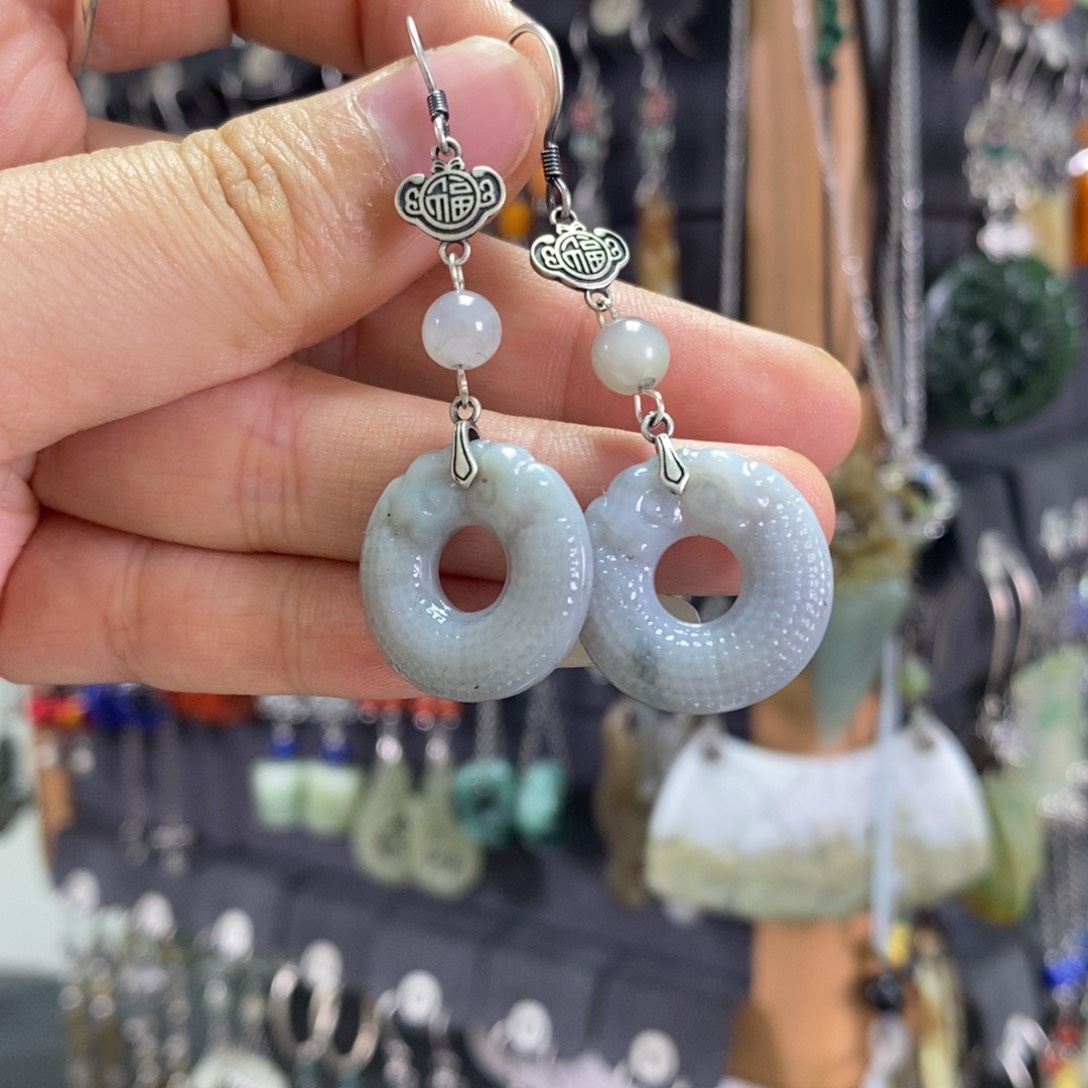 和田玉耳饰银S925镶嵌