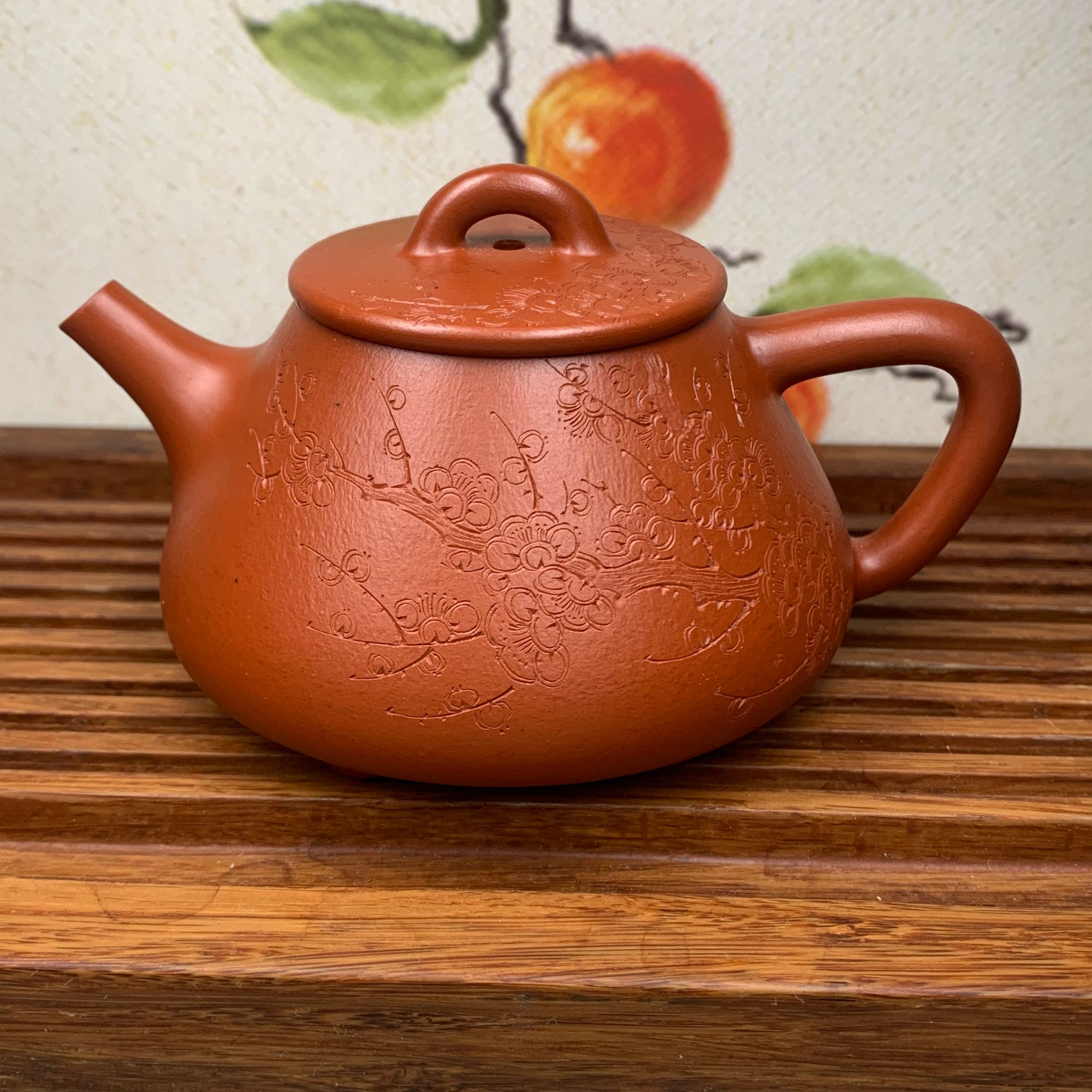 宜兴紫砂壶原矿朱泥150cc全手工制作平盖石瓢刻绘款紫砂茶壶