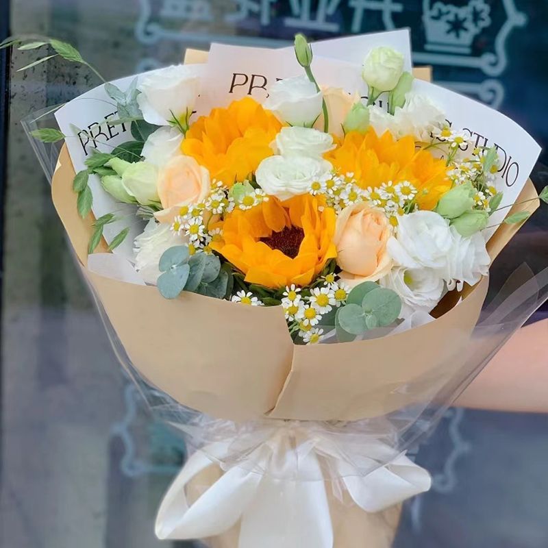 【慕卿久】3枝向日葵3枝香槟玫瑰搭配洋桔梗洋甘菊鲜花花束生日礼物送朋友恋人