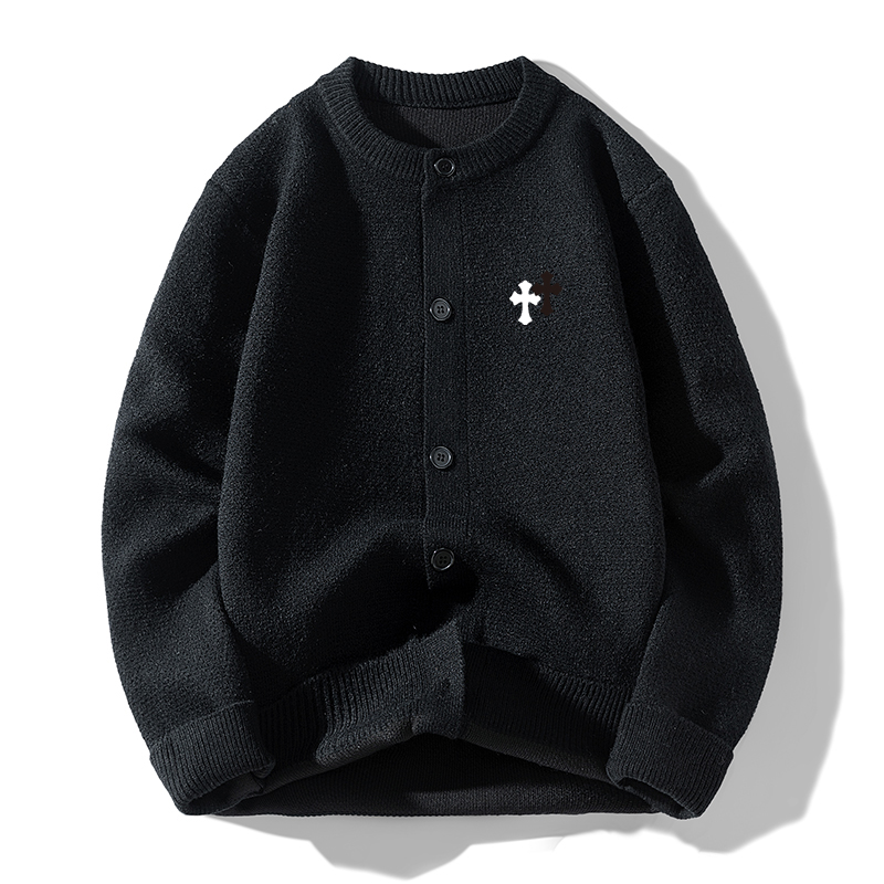十字克罗心哥特风针织秋季圆领刺绣时尚男士米色毛衣加厚宽松潮流