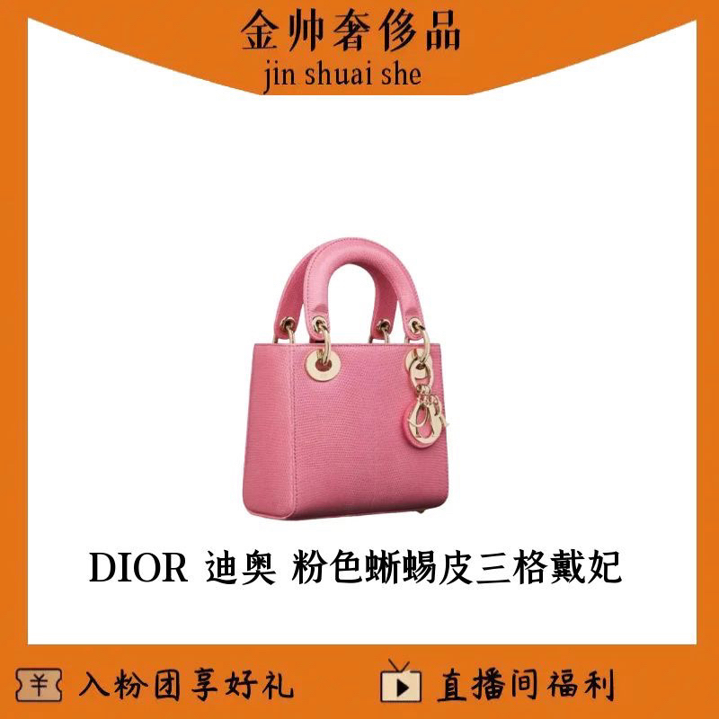 99新 DIOR/迪奥 粉色/三格戴妃/蜥蜴皮/单肩包/B6668