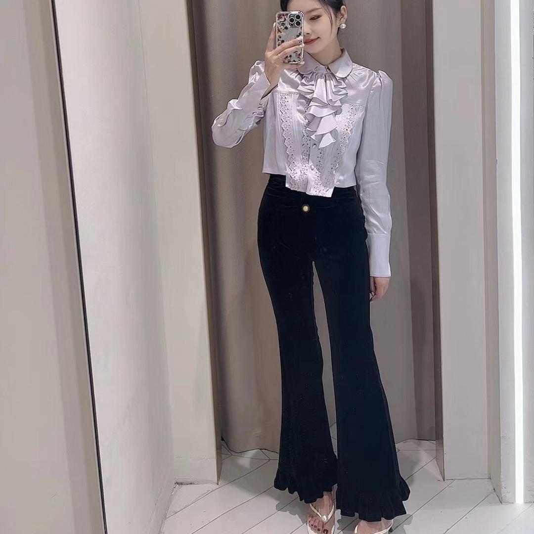 （不退no换7折）孟美岐同款宫廷风蝴蝶结黑色丝绒修身显瘦裤子