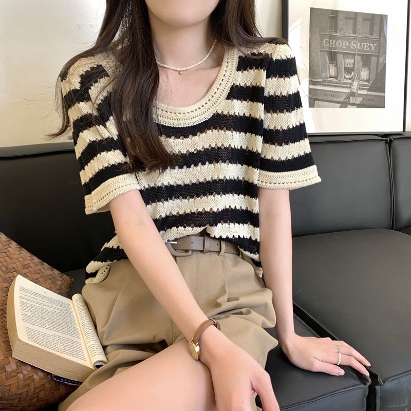 复古条纹新款T恤2025短袖女夏季美式圆领镂空设计感针织短款上