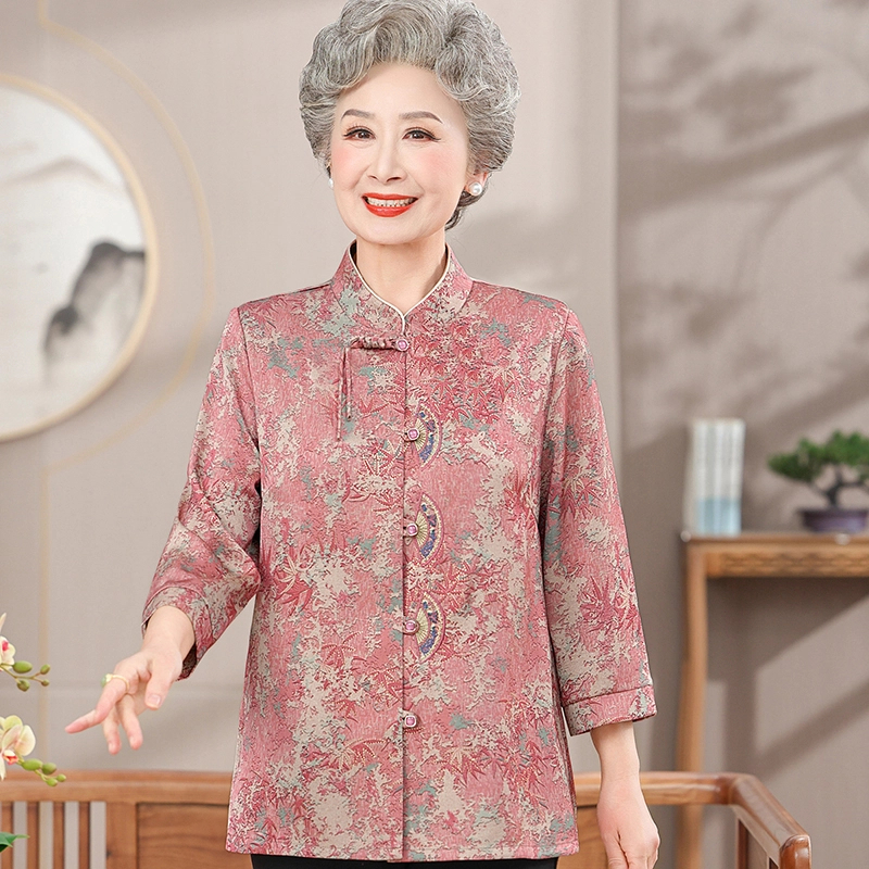 奶奶夏装中袖衬衫女中老年高档宽松上衣妈妈新款老太太新中式衬衣