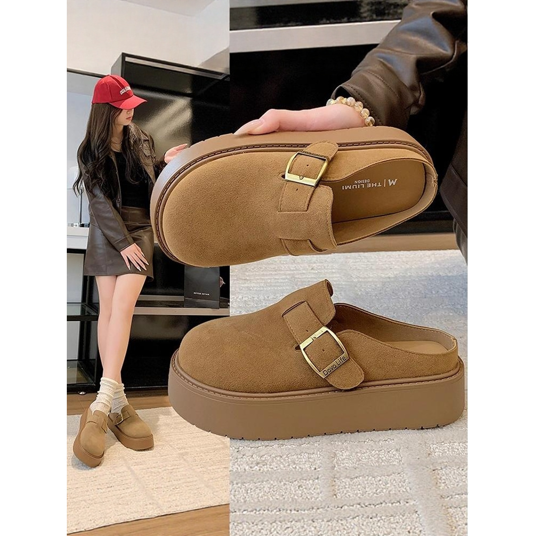 复古厚底勃肯包头半拖鞋女2025春秋新款增高外穿懒人一脚蹬博肯鞋