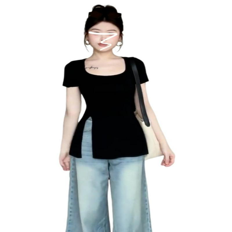 黑色夏季t恤2024开叉潮u女显瘦独特领短袖新款上衣设计感小众别致