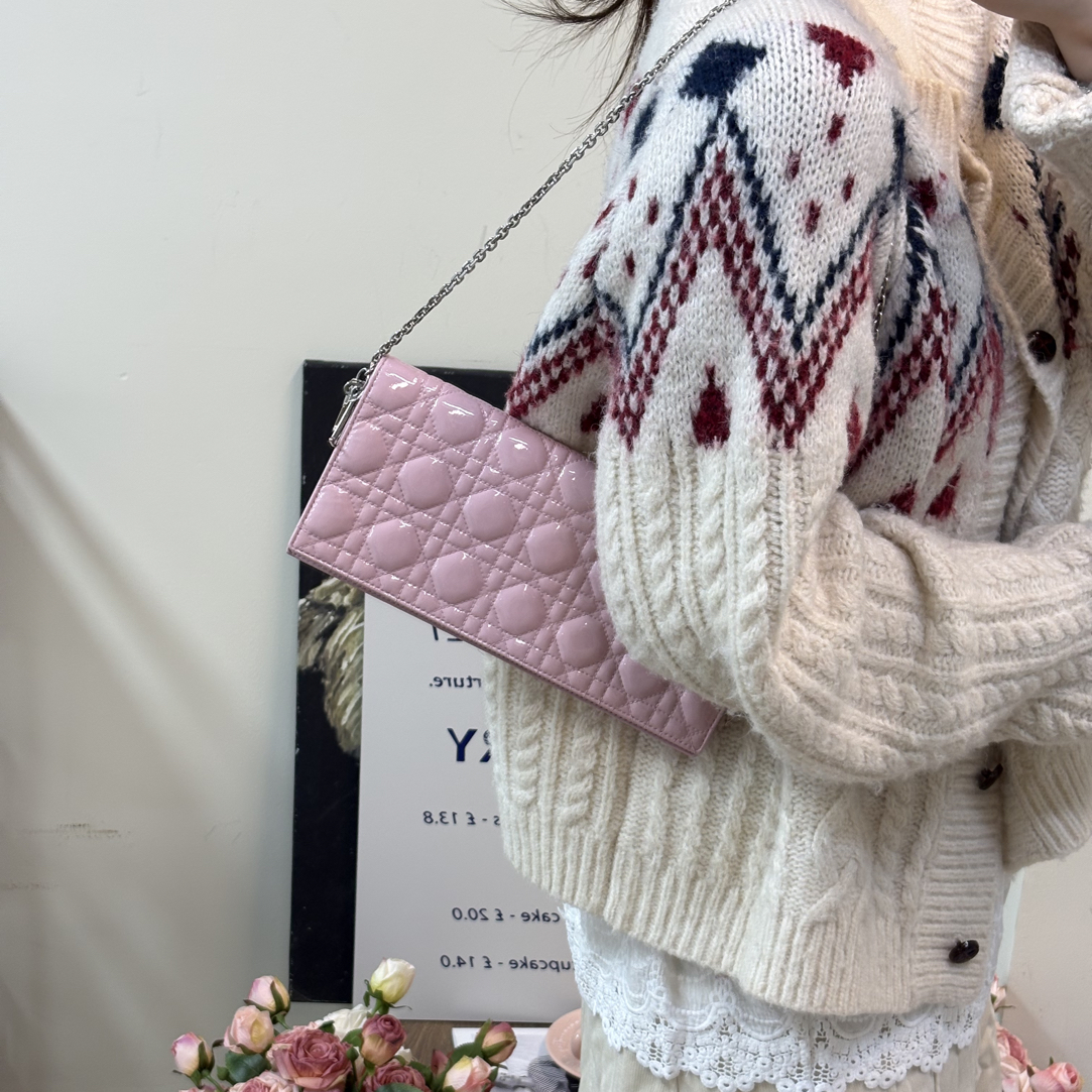 95新 DIOR/迪奥 粉色漆皮横版woc戴妃包