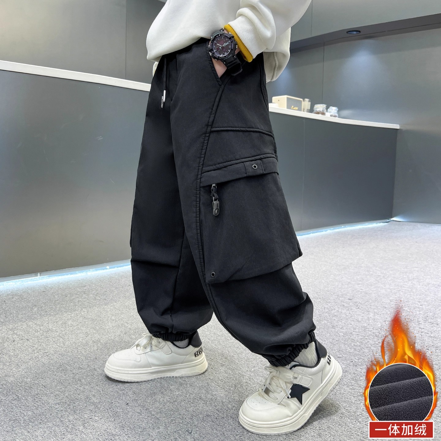 男童加绒工装裤子2025新款秋冬款男孩冬季大儿童一体绒加厚长裤潮