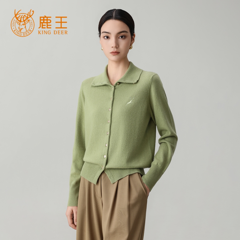 【专柜新品】鹿王女高领100山羊绒刺绣秋冬休闲开衫 912519027