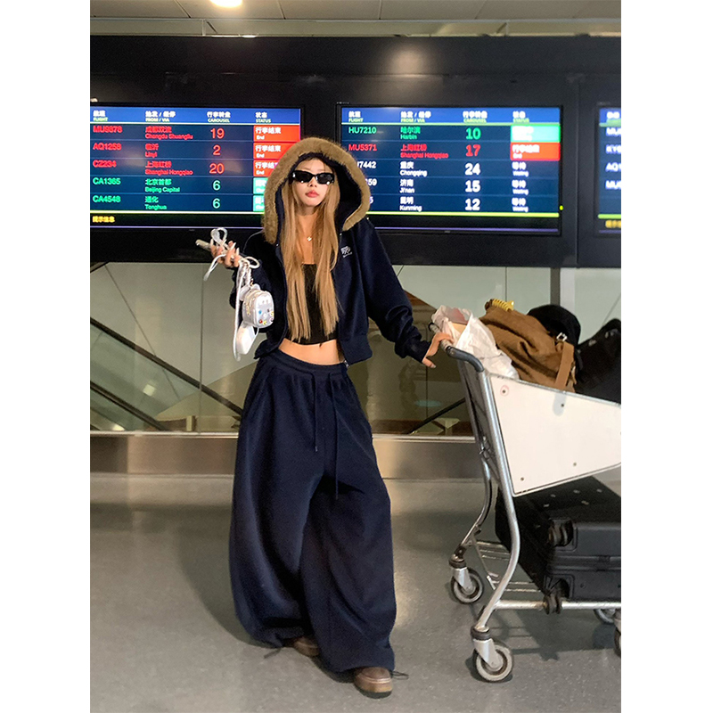 芊喜Studio 美式毛领连帽加绒卫衣宽松帽衫外套阔腿休闲裤两件套