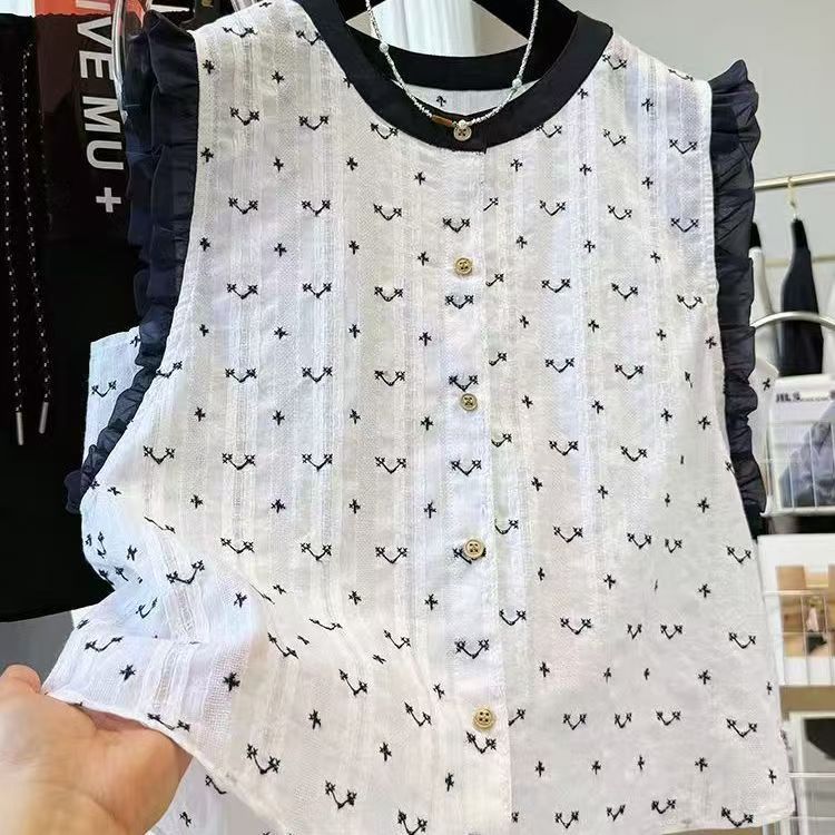 韩系高级纯棉圆领木耳无袖衬衫女夏季 甜美减龄设计感上衣