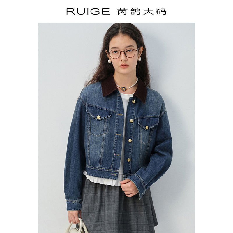 芮鸽微胖定制牛仔短外套女撞色领复古开衫宽松微胖mm上衣00249