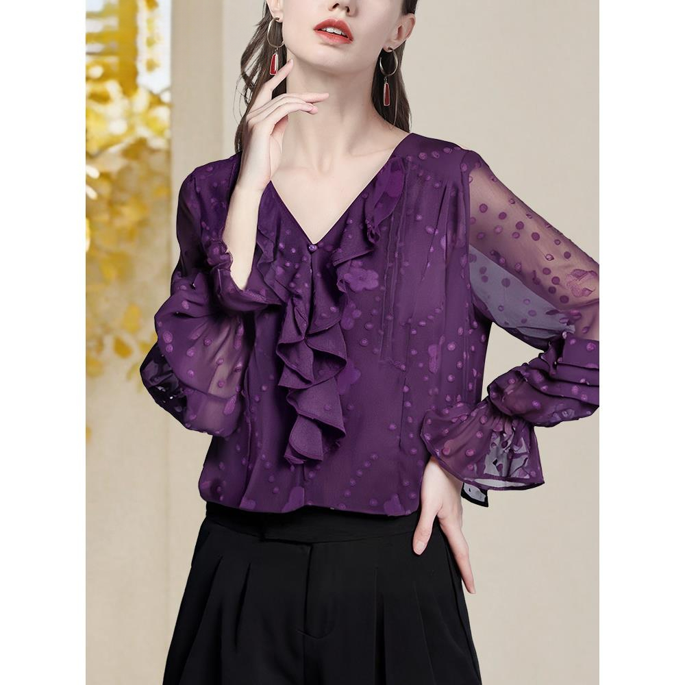 欧洲站秋季荷叶边雪纺衫女设计感宽松显瘦打底衫气质衬衫SG256890