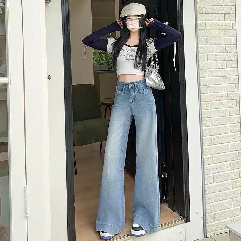 （女装）001 蓝色修身显瘦高腰阔腿九分牛仔裤