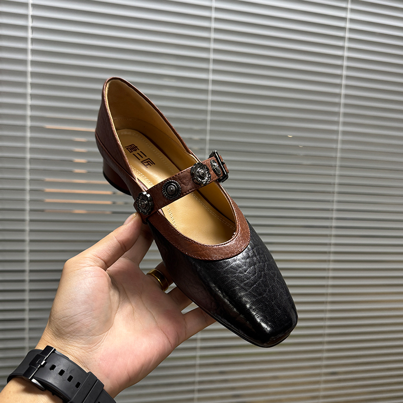 3cm/羊皮/真皮粗跟单鞋女时尚拼色一字带铆钉大象纹方头女鞋子40