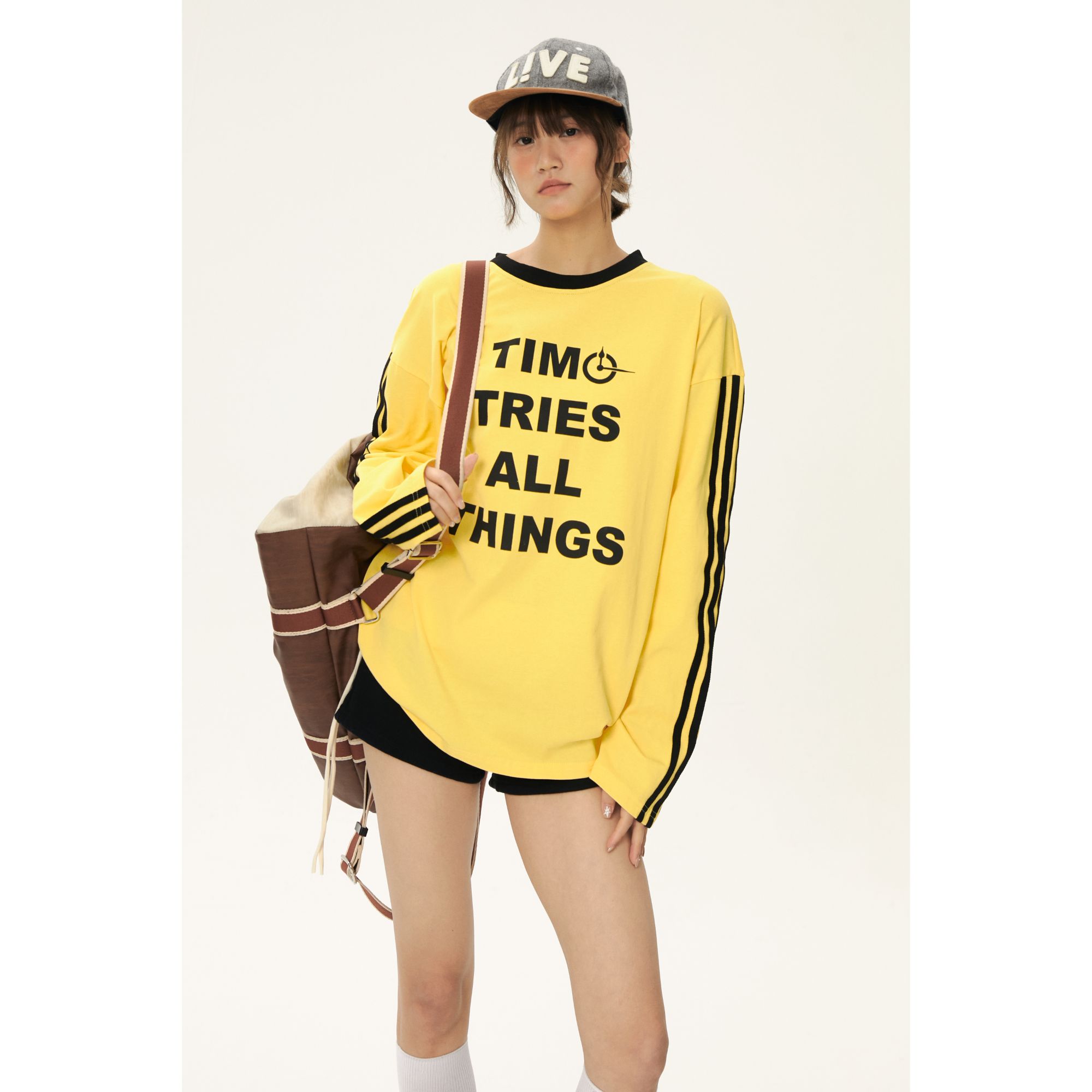 两種身份美式复古黄色长袖T恤多巴胺穿搭字母印花上衣