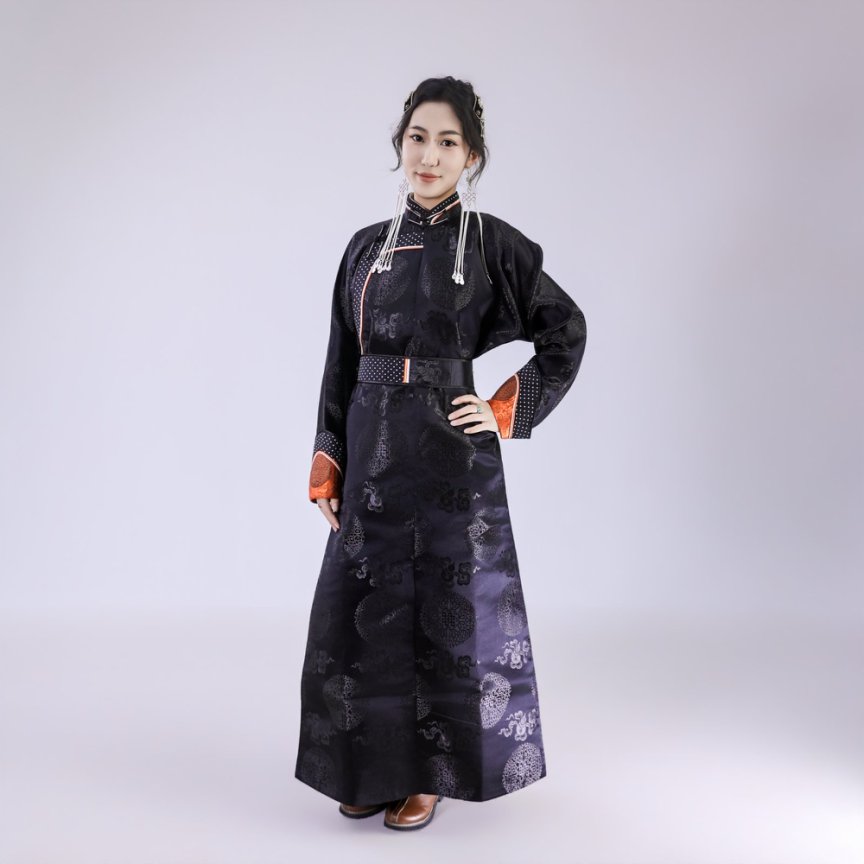 小众设计网红民族风黑色锦缎印花传统长款蒙古袍生活装