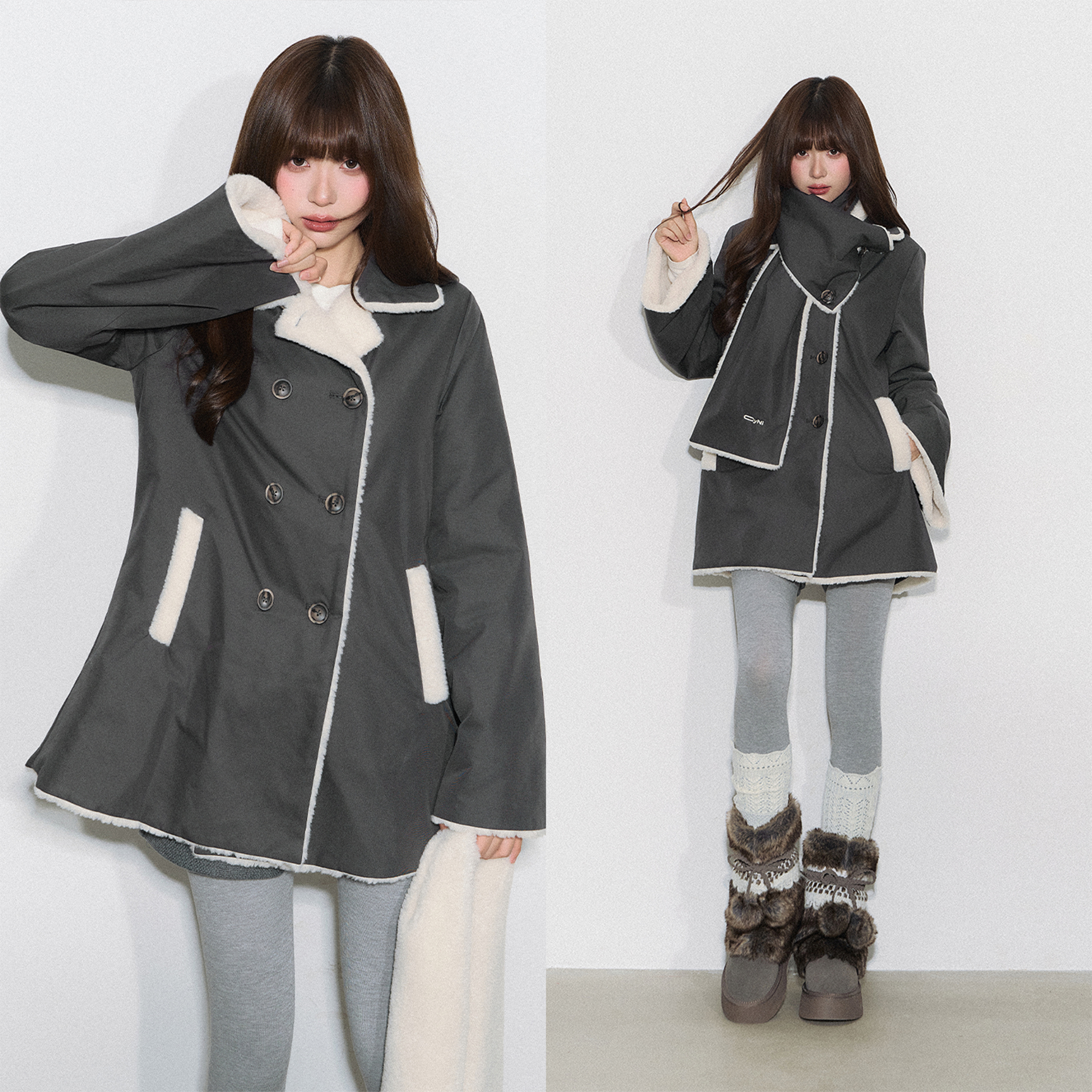 【达人福利款】CyNi【绵意冬筏】毛绒翻领皮上衣中长款一体式A字外套