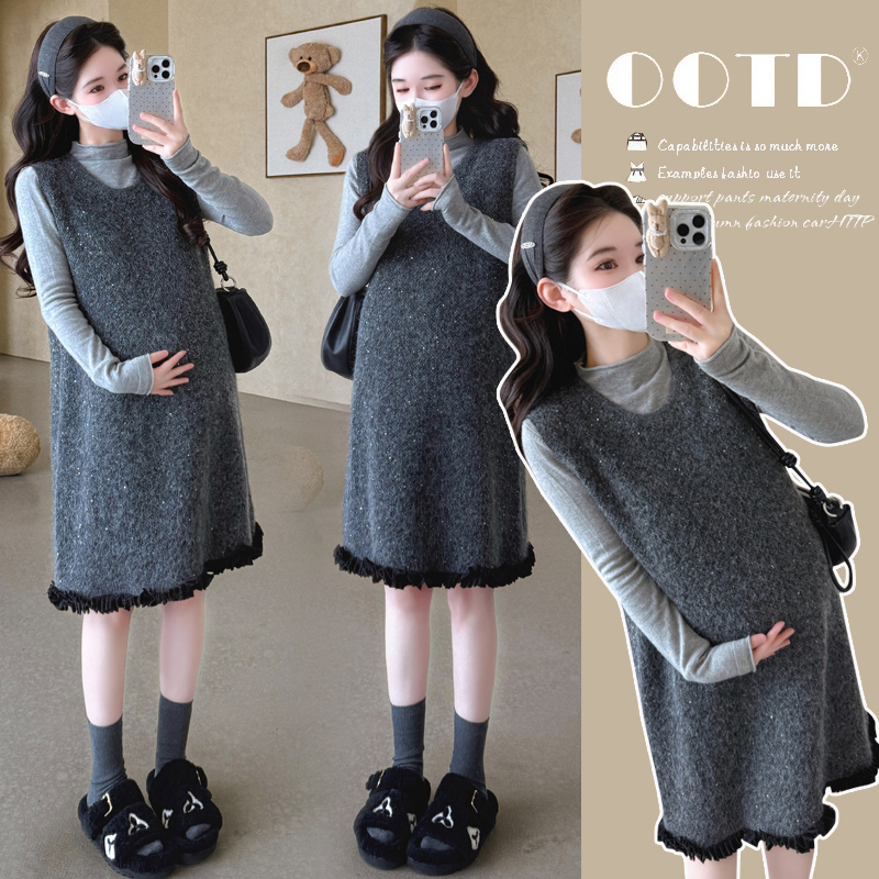 孕妇装2025秋冬新款时尚气质小香风大码孕妇背心裙打底衫两件套