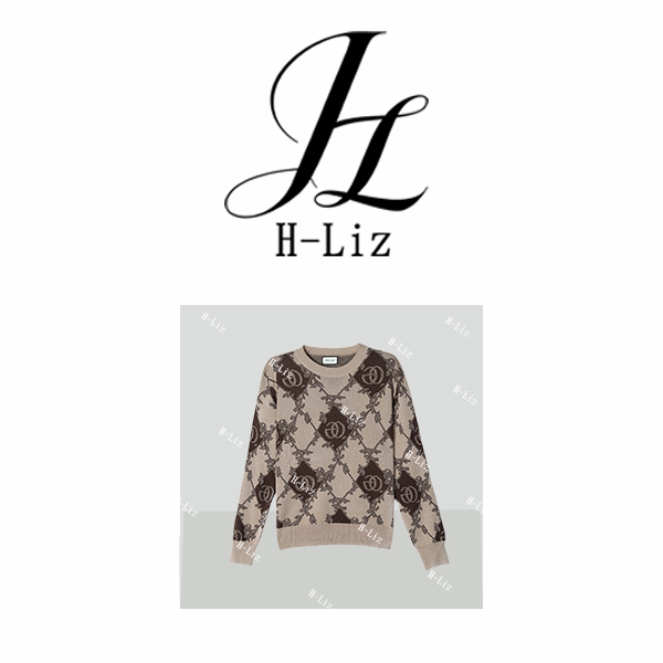 【H-Liz】重工烫钻花边菱格提花秋针织宽松套头圆领毛衣圆领针织