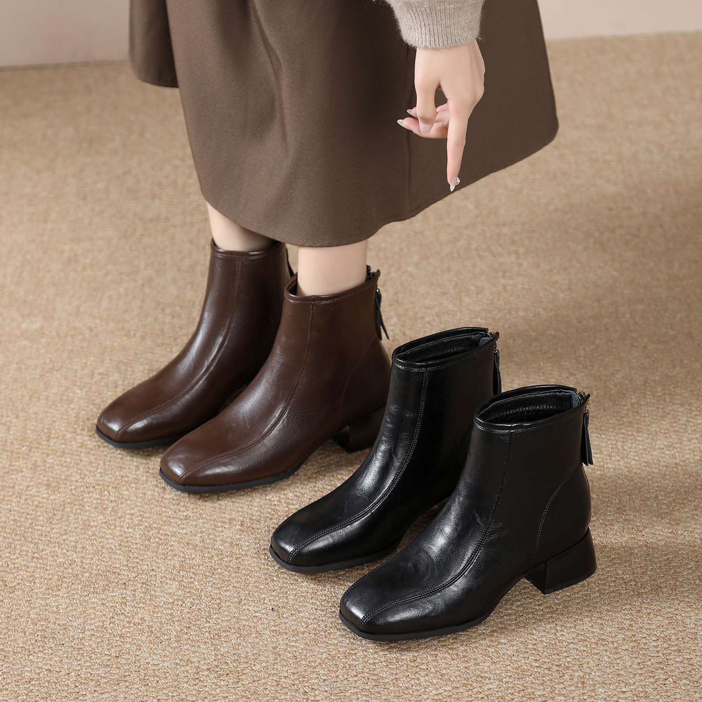 冬季防水后拉链中筒时装靴半筒靴修面皮链条朋克风双线367