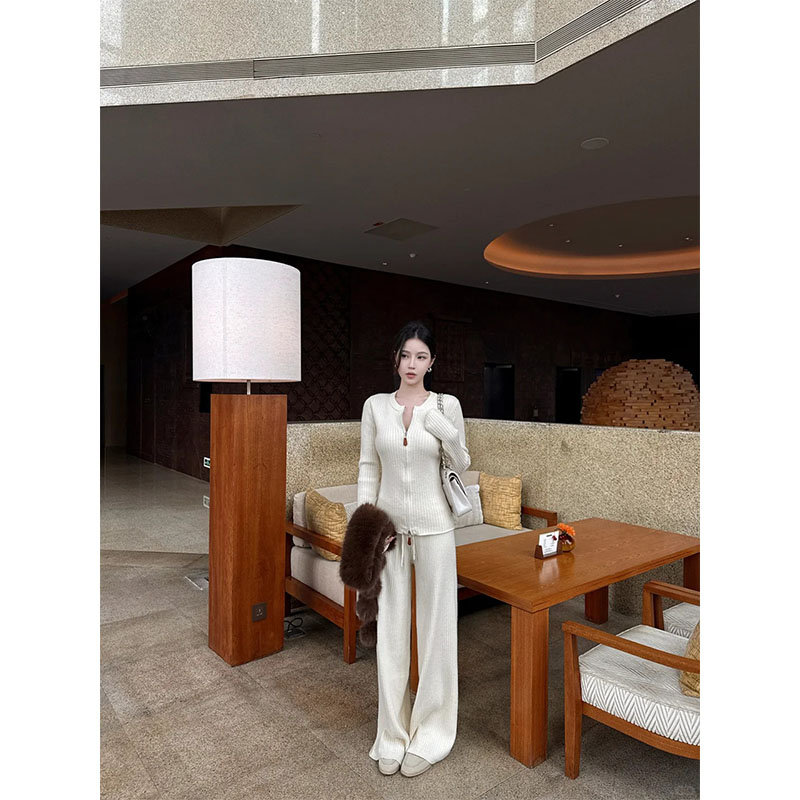 法式慵懒风洋气小众高级感休闲百搭长袖上衣高腰显瘦直筒裤套装女