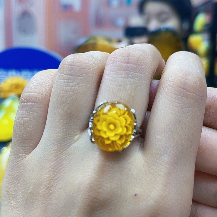 蜜蜡银S925镶嵌裸石戒指