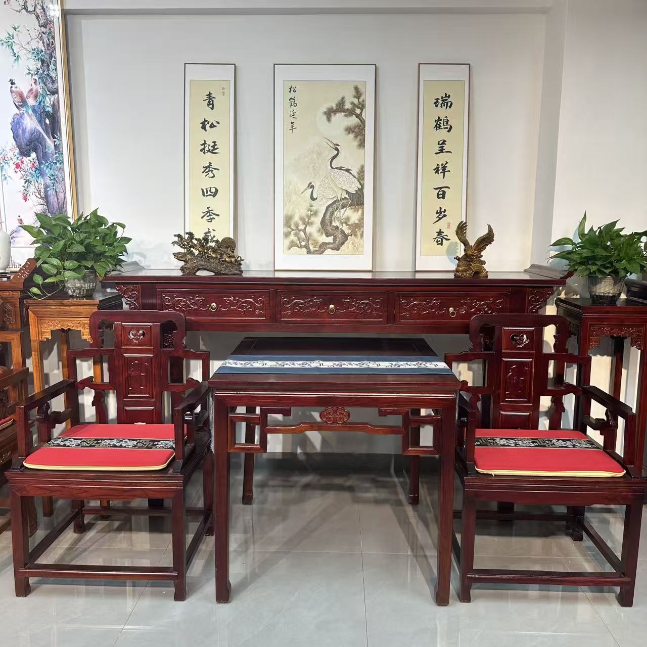古典麒麟带抽屉款全实木北榆木中堂六件套别墅堂屋家具
