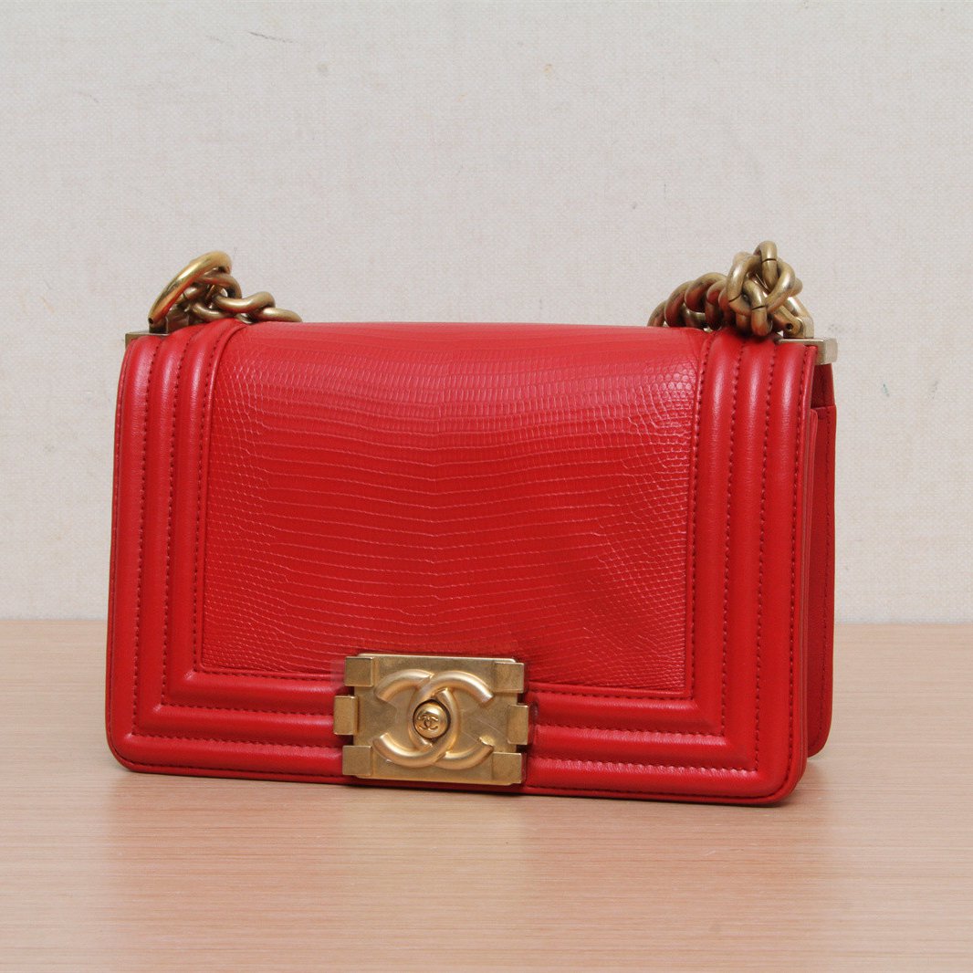95新 Chanel/香奈儿 小花黑黑Leboy 小号 蜥蜴皮 24开 金扣
