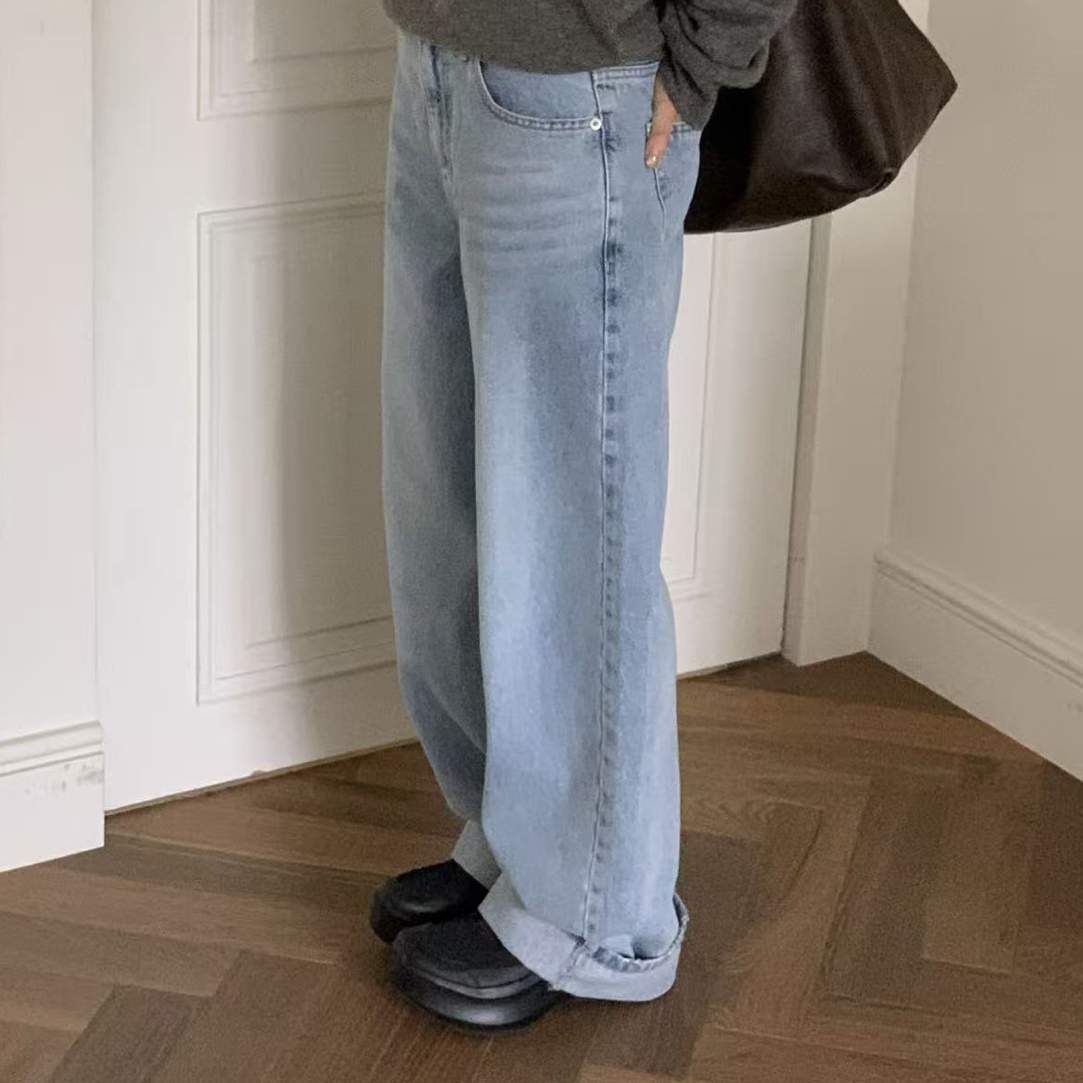 东大门正品～OP新款牛仔蓝色牛仔裤/NO退NO换直筒百搭水洗