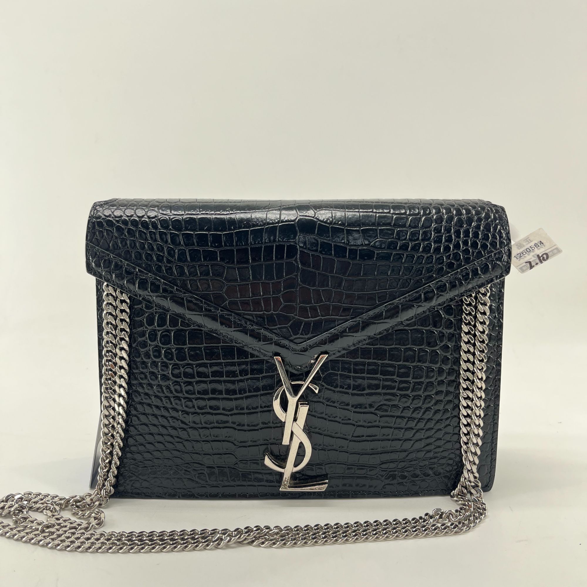 99新 YSL/圣罗兰 cassandra 银扣 黑色 鳄压纹 信封单双链条包   
